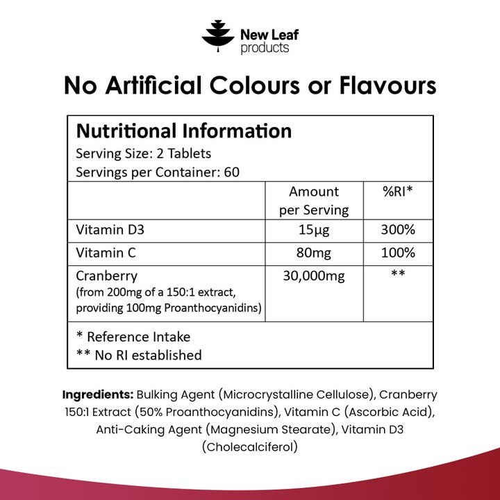 New Leaf products Ltd – wholesale Oral supplement/vitamin – Cranberry Tablets Triple Strength 30,000mg Added Vitamin C&D5