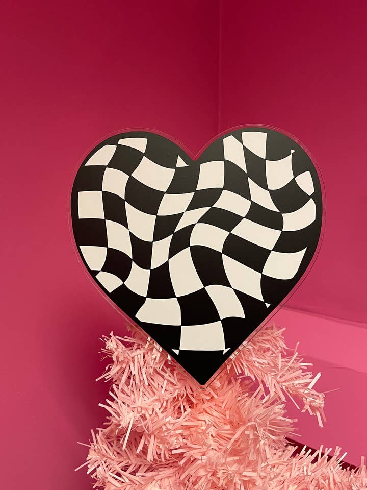Checkerboard heart acrylic christmas tree topper festive decoration decor for wholesale by Buba Goods
