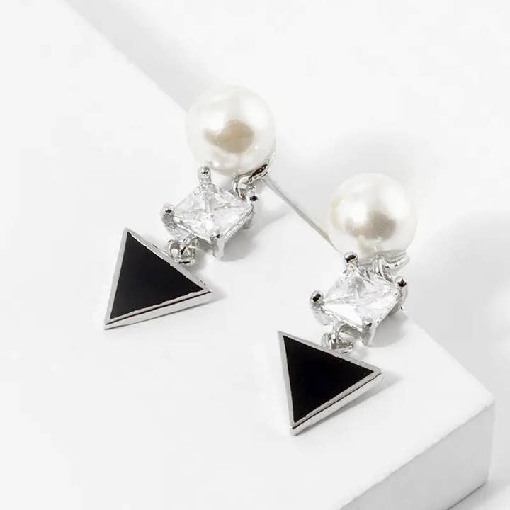 Wild Honey - Wholesale Dangle Earrings - 18k Gold Dipped Geometric CZ Pearl Dangle Post Stud Earrings3