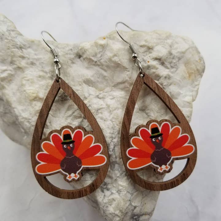 Thanksgiving Turkey Wood Earrings for wholesale by The Pretty Jewellery