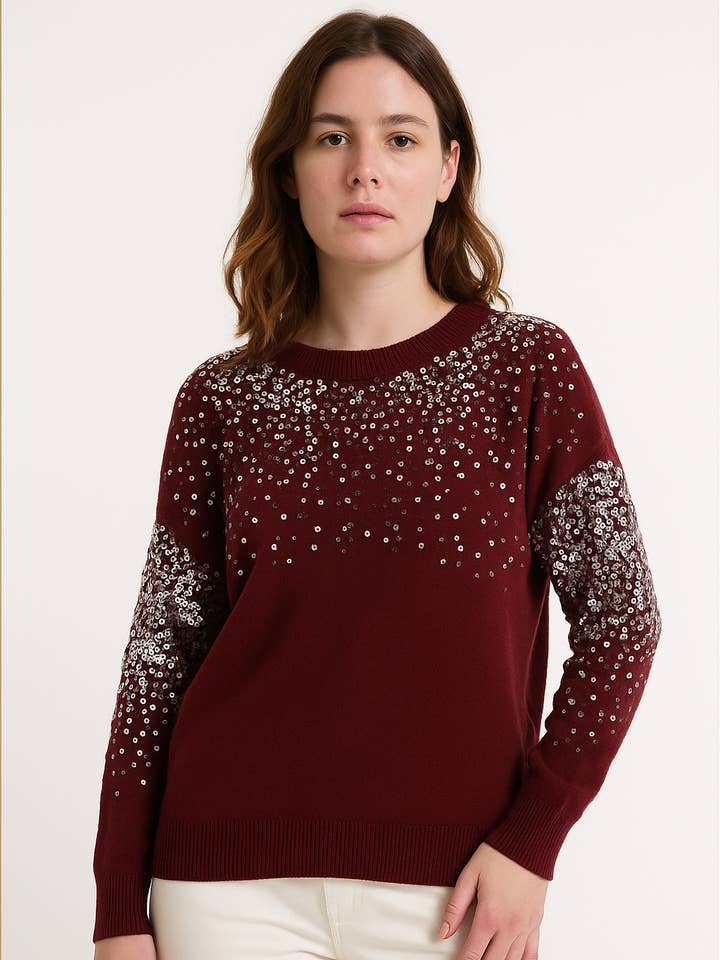maglione morbido lavorato a maglia con paillettes argentate e collo rotondo per la vendita all'ingrosso da parte di Lucy Sparks