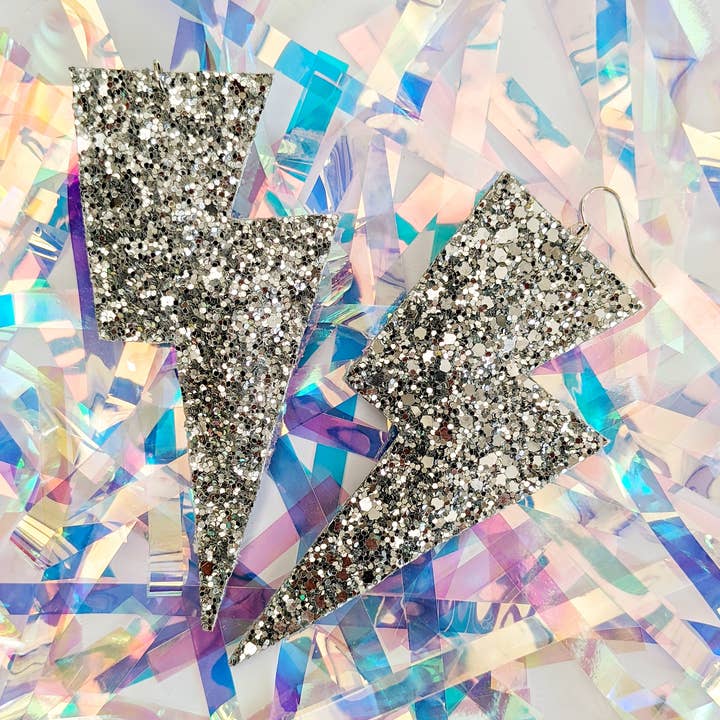 Large Disco Ball Silver Glitter Lightning Bolt Earrings for wholesale by All The Discos