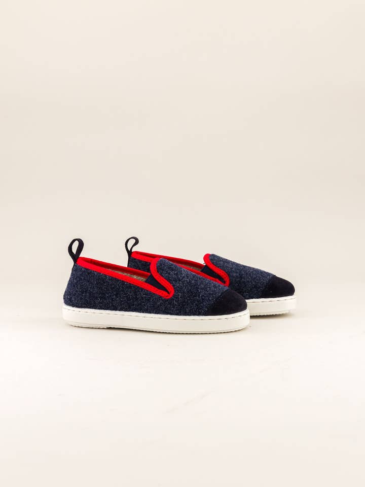 Children's wool slipper, navy red for wholesale by Angarde