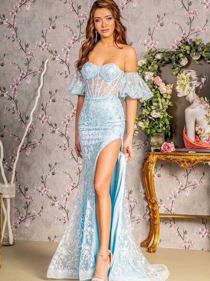 Glitter Sequin Mesh Mermaid Detachable Puff Sleeves Long Prom Dress GLGL3247 for wholesale by SMC Fashion