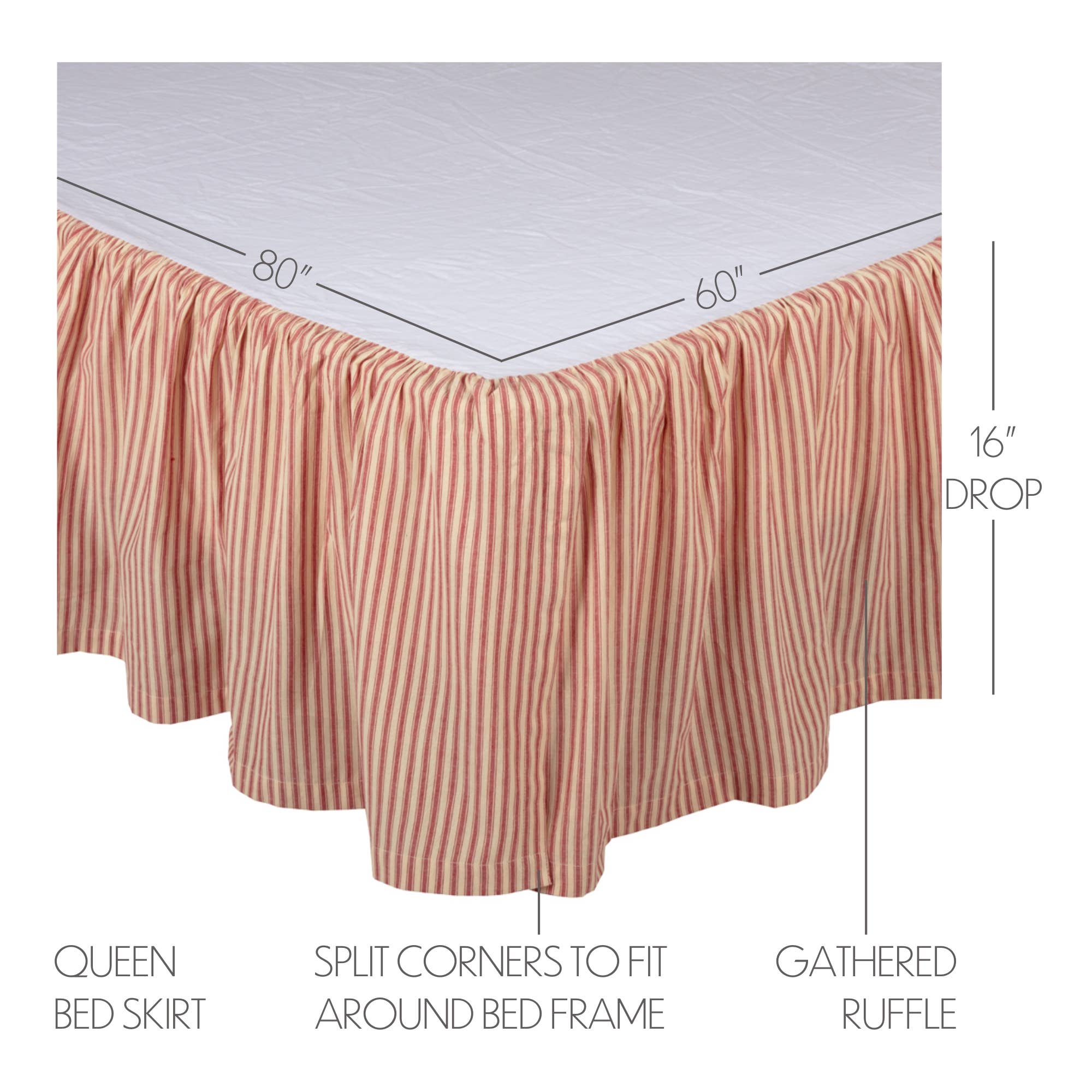 VHC Brands - Wholesale Bedskirt - Sawyer Mill Red Ticking Stripe Queen Bed Skirt 60x80x162