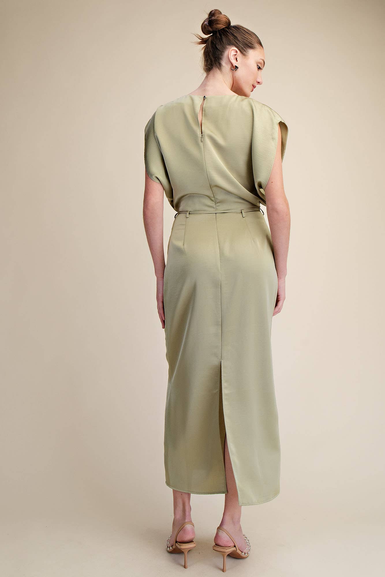 Glam - Wholesale Dress - Women's - Round Neck Waist Tie Back Slit Midi Dress16