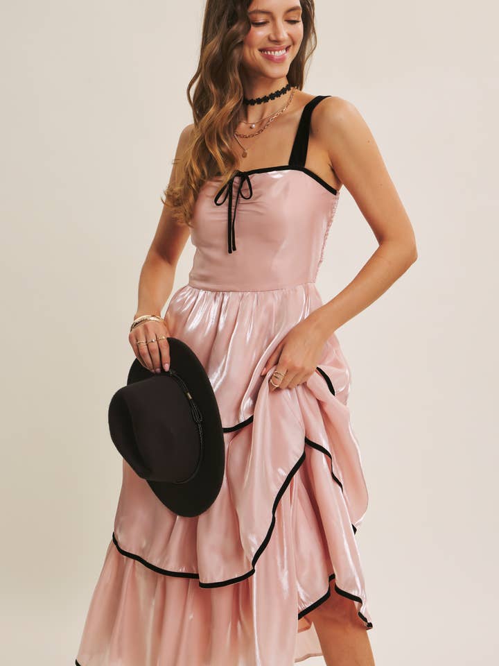 VELVET CONTRAST SHIMMERING TIERED MIDI DRESS for wholesale by in february