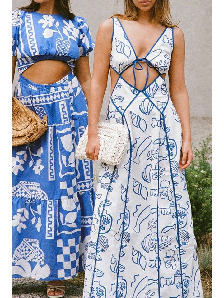 White Marine Organism Pattern Backless Plunge Maxi Dress for wholesale on Faire