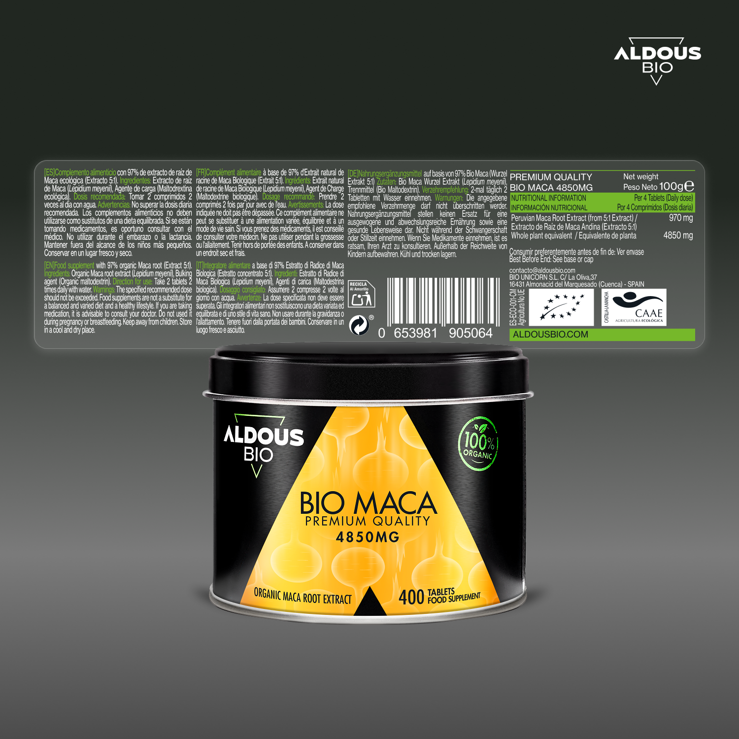 Aldous Bio - Wholesale Oral Supplement/Vitamin - Aldous Organic Andean Maca | Extract (5:1) | 400 tablets5