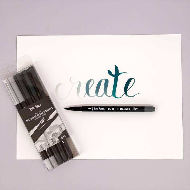BR 6Pc Dual Tip Brush Pens Greyscale for wholesale by Momenta