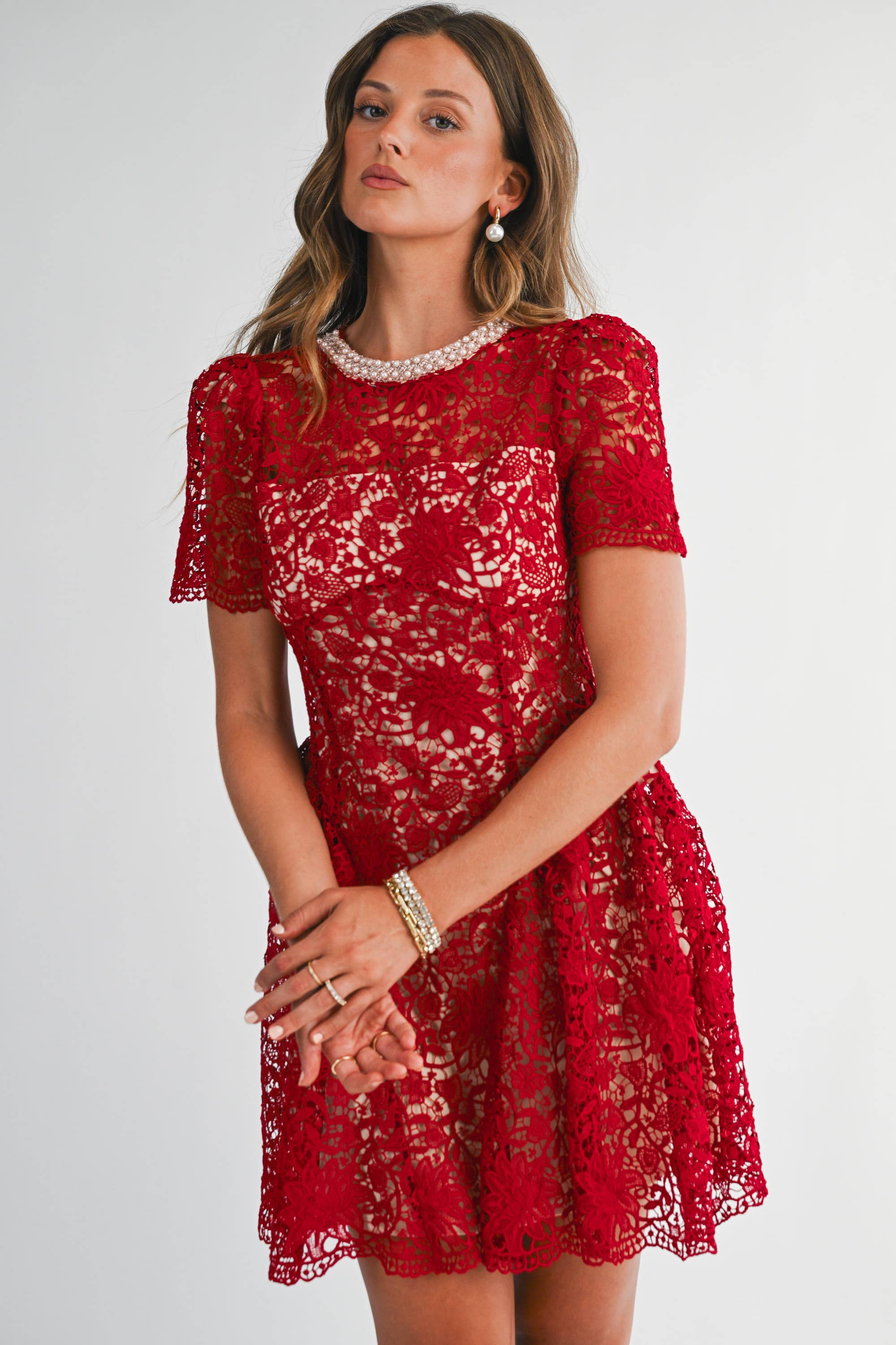 Red YD5057 Embellished Lace Fit & Flare Mini Dress for wholesale on Faire2