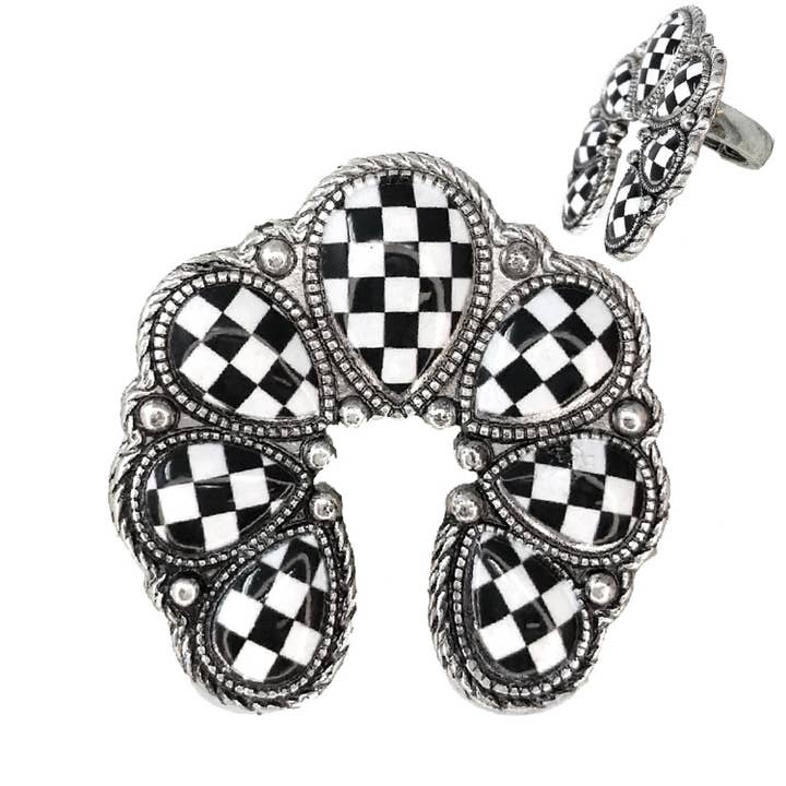SP Sophia Collection - Wholesale Cocktail/Statement Ring - Western Checker Board Squash Blossom Ring 1