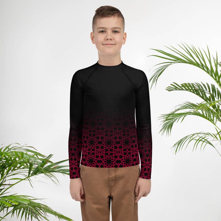 Youth Rash Guard - Geometrisk Ombre i sort og rød for engroshandel hos The Shamal