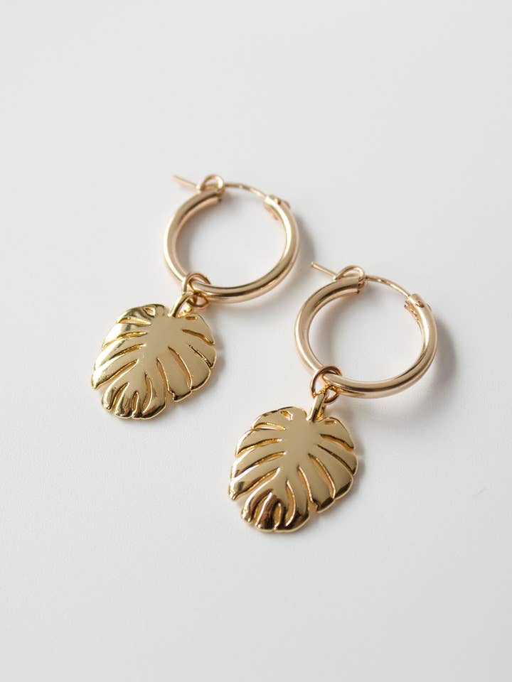 Seycha Monstera Huggie Hoops for wholesale by Pure Indigo Design