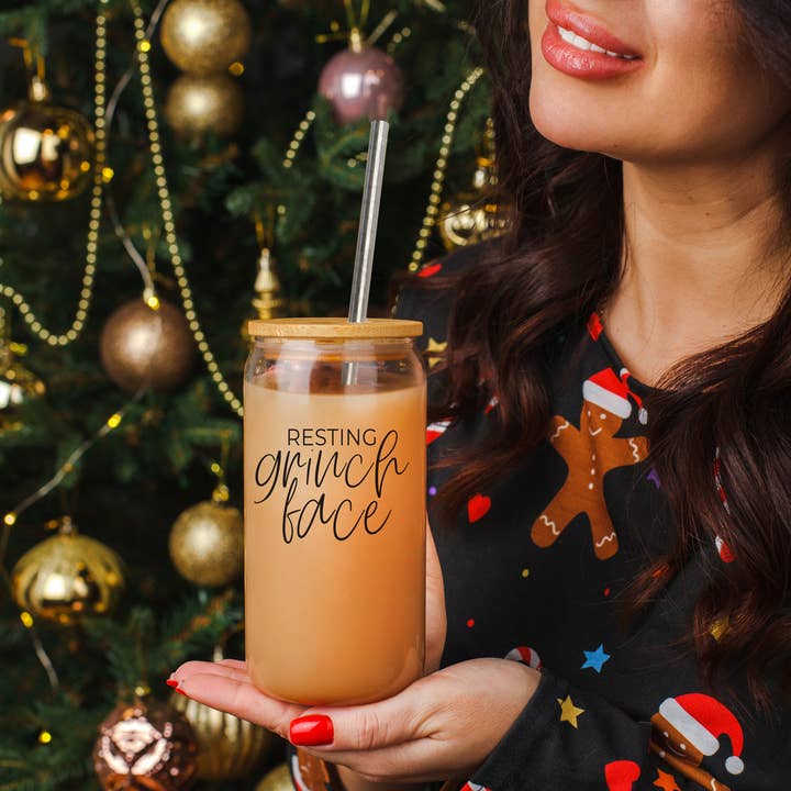 Gia Roma - Wholesale Drinking Glass/Cup - Candy Cane Christmas Can Glass. Cup With Glass Straw & Lid113