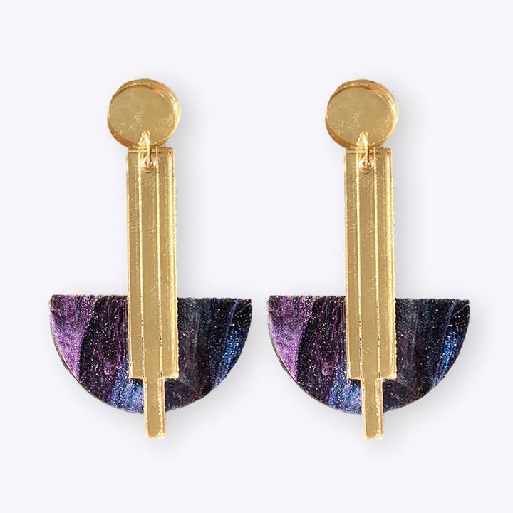 Recycled plastic ArtDeco earrings cosmic dark for wholesale by All Things We Like