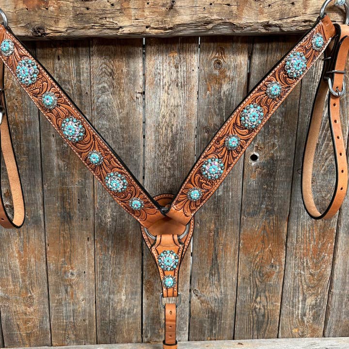Lätt olja Buckaroo Roper Turkos och AB One Ear & Breastcollar Tack Set #OEBC559 för wholesale av Rodeo Drive
