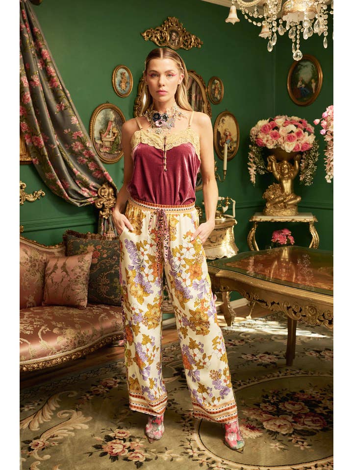 Ivory Floral Golden Aurela Pants for wholesale on Faire