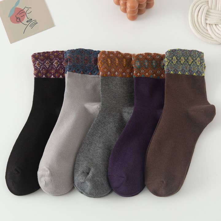 Tourtiwi – Engroshandel Strømper - Dame – Kvinders retro farveblokkerede blomstrede enkle mellemstrømper10