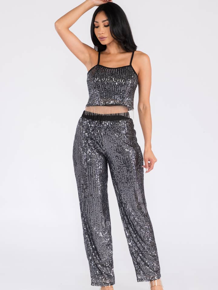 Damen Pailletten-Top und Hosen-Set für den Großhandel von Fashion Space