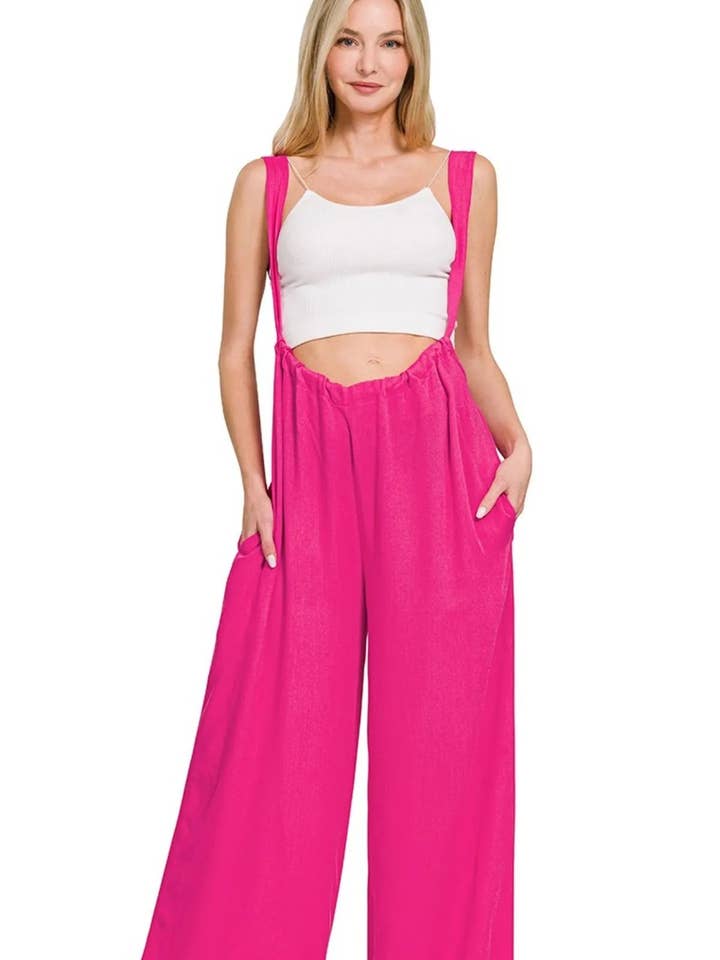 Zenana Woven Tie Back Suspender Jumpsuit for wholesale by React Activewear