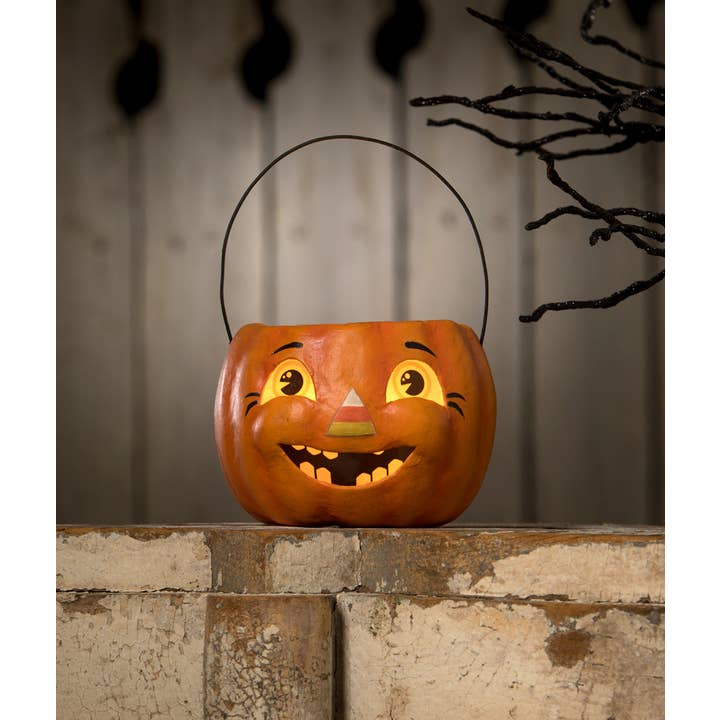 Bethany Lowe Designs - Wholesale Decorative Figurine - Happy Candy Corn Pumpkin Bucket Paper Mache Petite