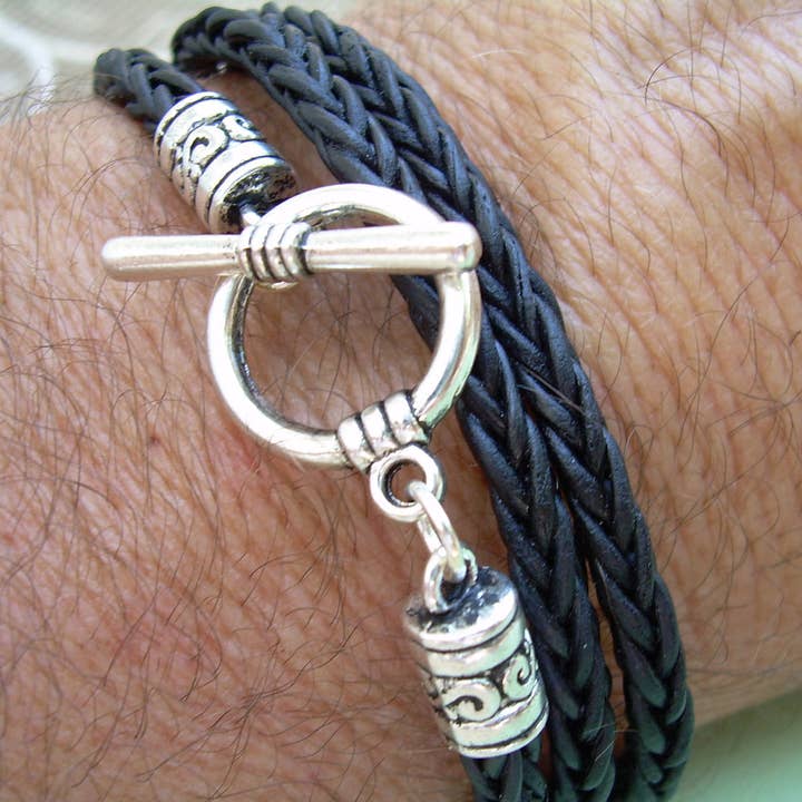 Urban Survival Gear USA - Wholesale Woven/braided bracelet - Triple Wrap Black Braided Leather Bracelet with Silver Toned Toggle Clasp4