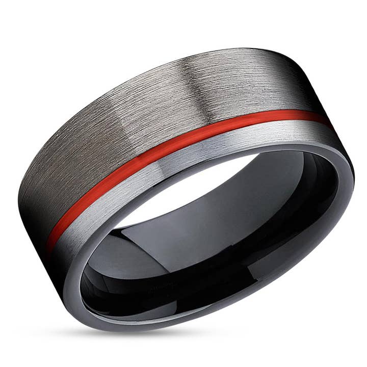 Gunmetal Wedding Ring - Red Tungsten Ring - Black Wedding Ring - Red Tungsten Band for wholesale by Lucky Love Rings