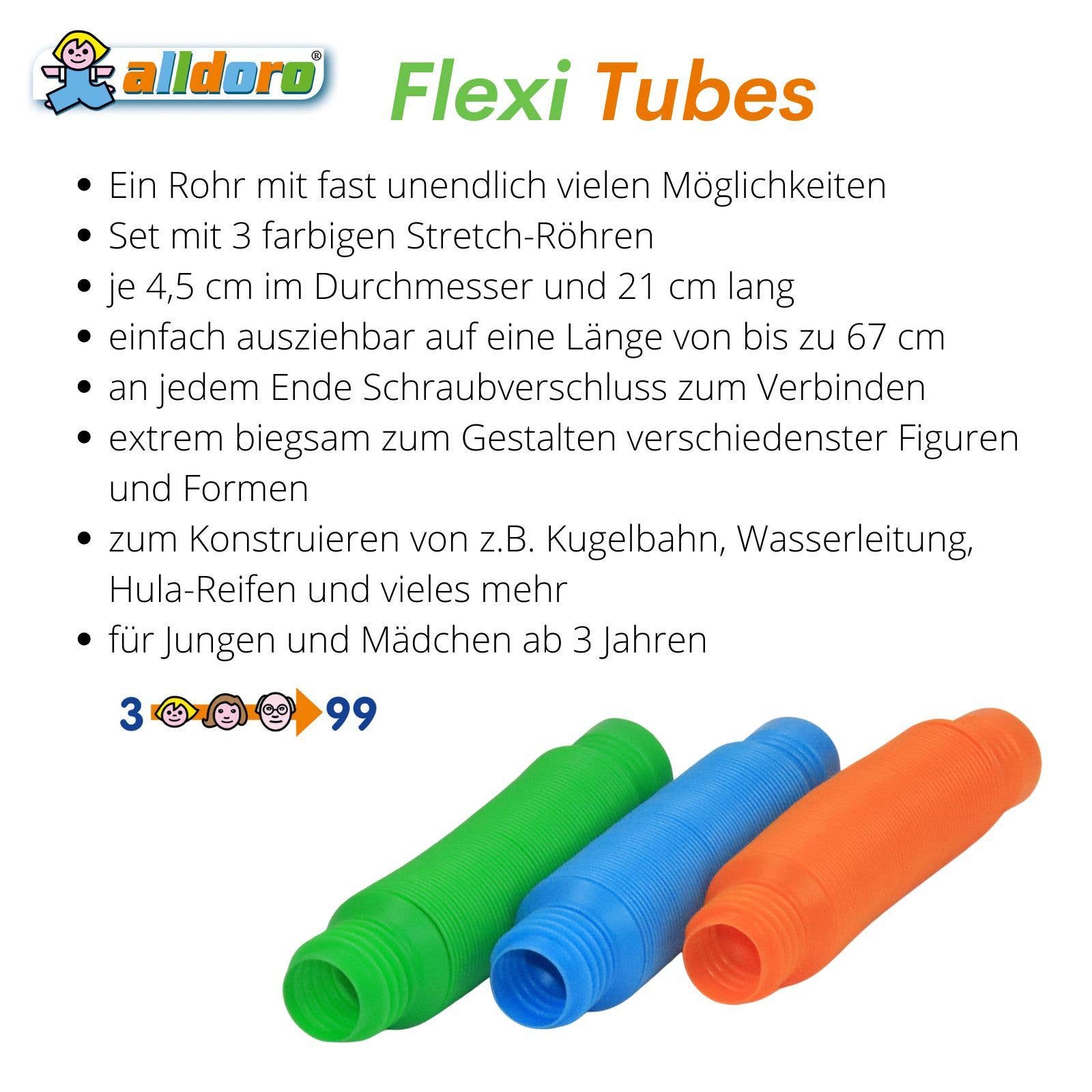 alldoro GmbH - Wholesale Classic Toy - Kids - Flexi tubes, set of 3 stretch tubes, diameter 4.5 cm3