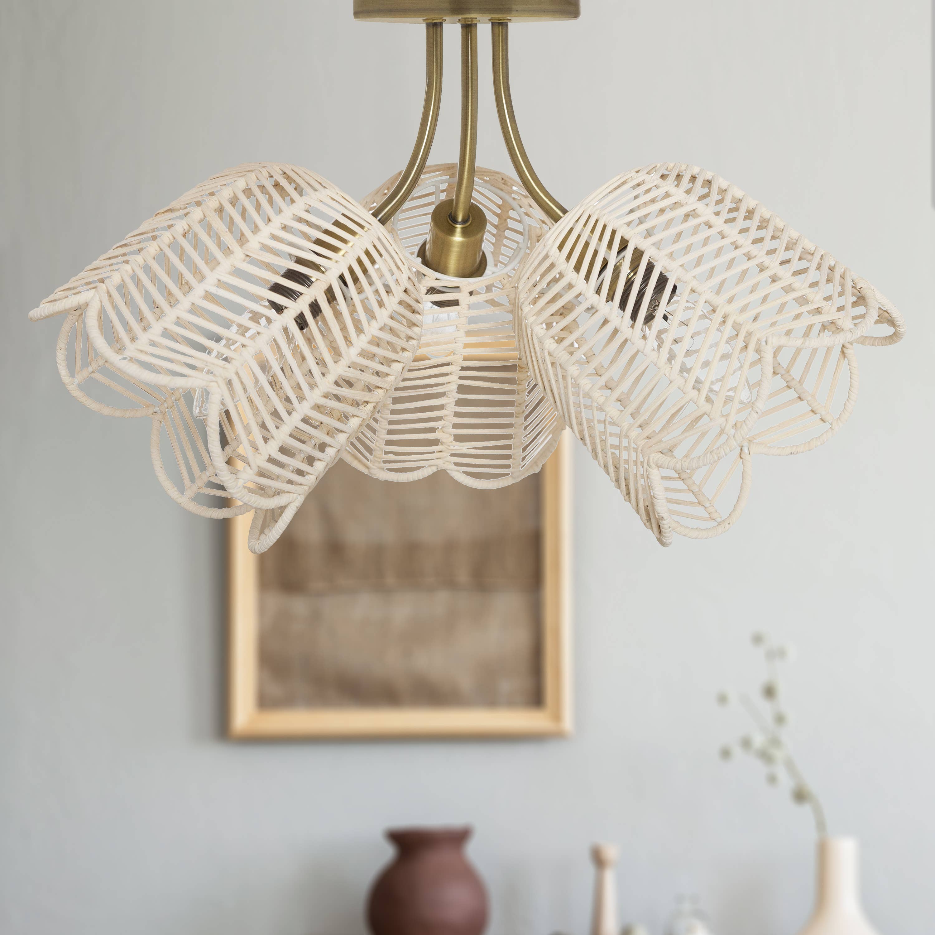 River of Goods - Wholesale Chandelier/Hanging Light - 11.5"H Gold-Colored Metal Ceiling Light with Rattan Shades3