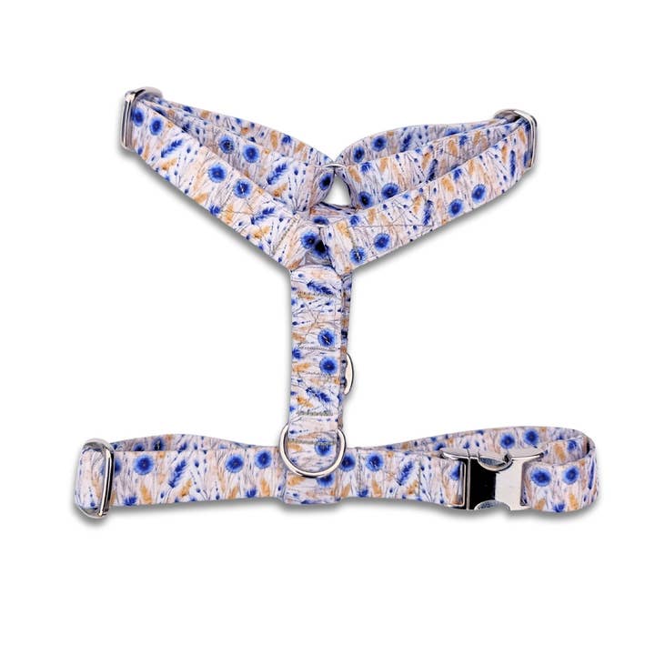 Dog harness with wheat and blue flower pattern for wholesale by Stylidog