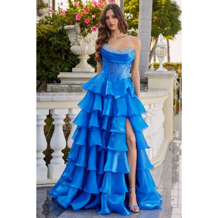 A Line Prom Dress w. Tiered Ruffle Skirt for wholesale by Babyfox Apparel
