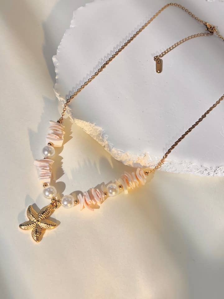 Golden Star & Mother-of-Pearl Pendant Necklace PM21105-460 for wholesale by COSMOS