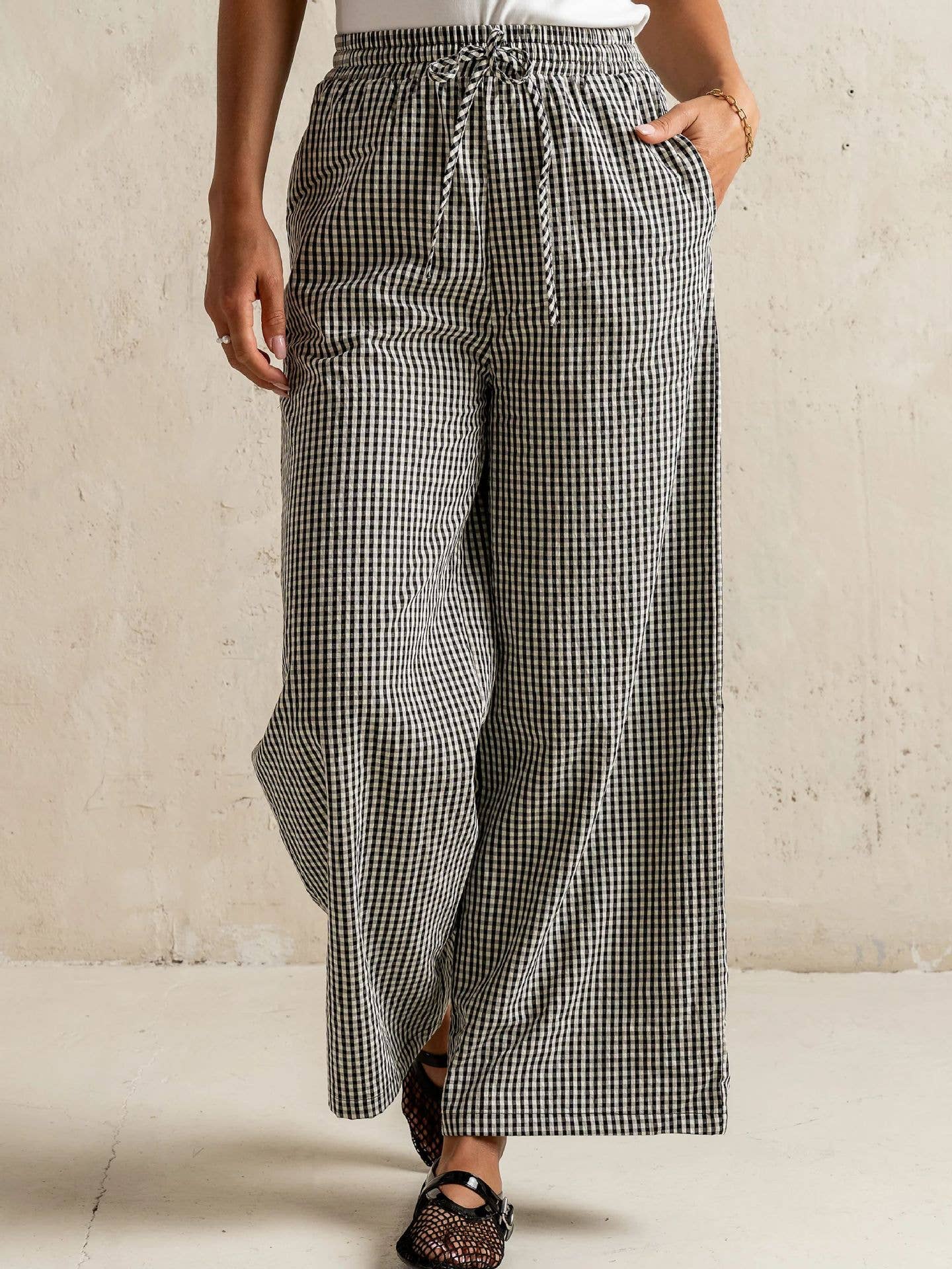 Rosa Clothing - Wholesale Pants - Women's - Vintage Y2k Gingham Laced Wide Leg Pants1