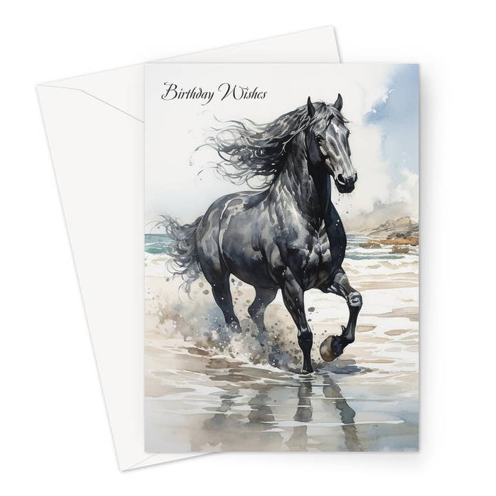 Black Beach Horse Birthday Greeting Card for wholesale by Wild And Arty