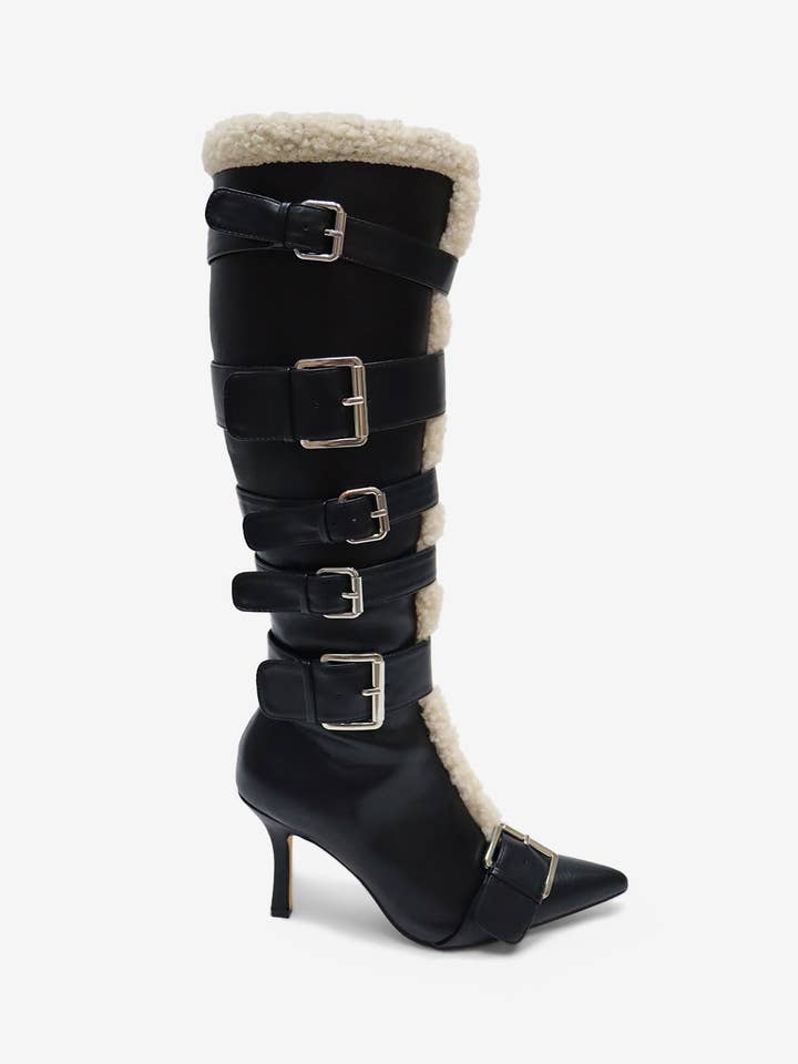 INGRID- Knee High Boot, Side Buckle Detail, Pointed Toe for wholesale by Lemonade Shoes