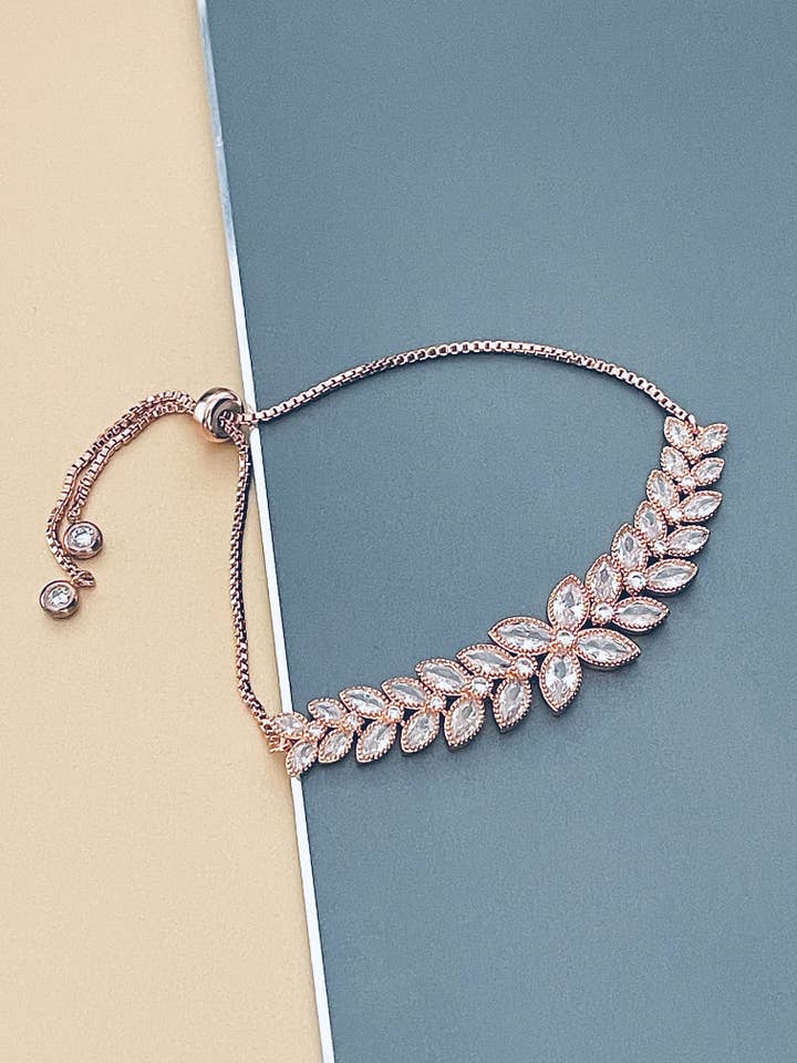 ROXANA - Leaf-Shaped Marquise CZs Adjustable Bracelet In Rose Gold for wholesale by JohnnyB Jewelry