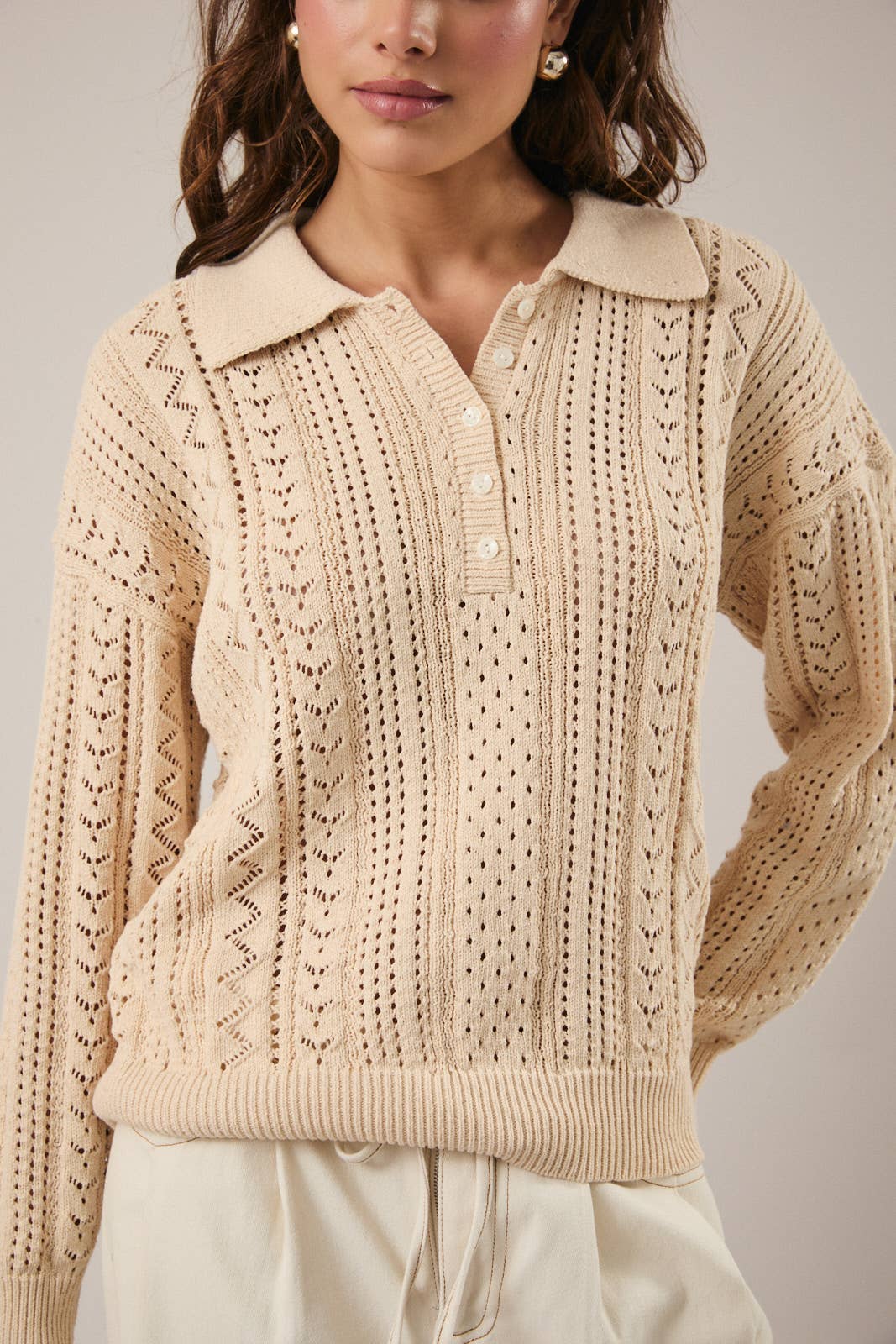 Beige POLO COLLARED OPEN KNIT LONG SLEEVE SWEATER TOP for wholesale on Faire5