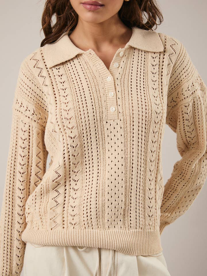 Beige POLO COLLARED OPEN KNIT LONG SLEEVE SWEATER TOP for wholesale on Faire5