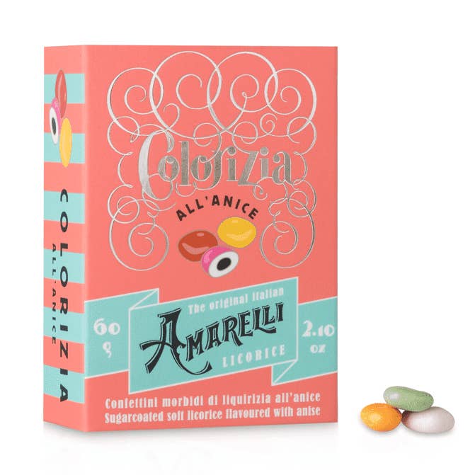 COLORIZIA 60g box Sugar coated Licorice flavored with Anise for wholesale by Amarelli Fabbrica Di Liquirizia