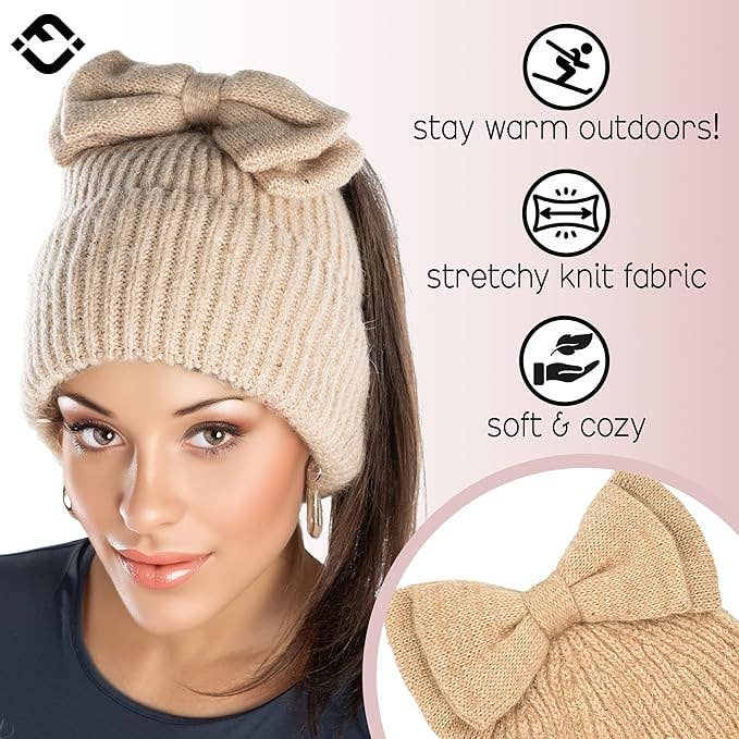 Funky Junque - Wholesale Beanie - Women's - Sequin Ponytail Beanie with Top Bow - Camel2