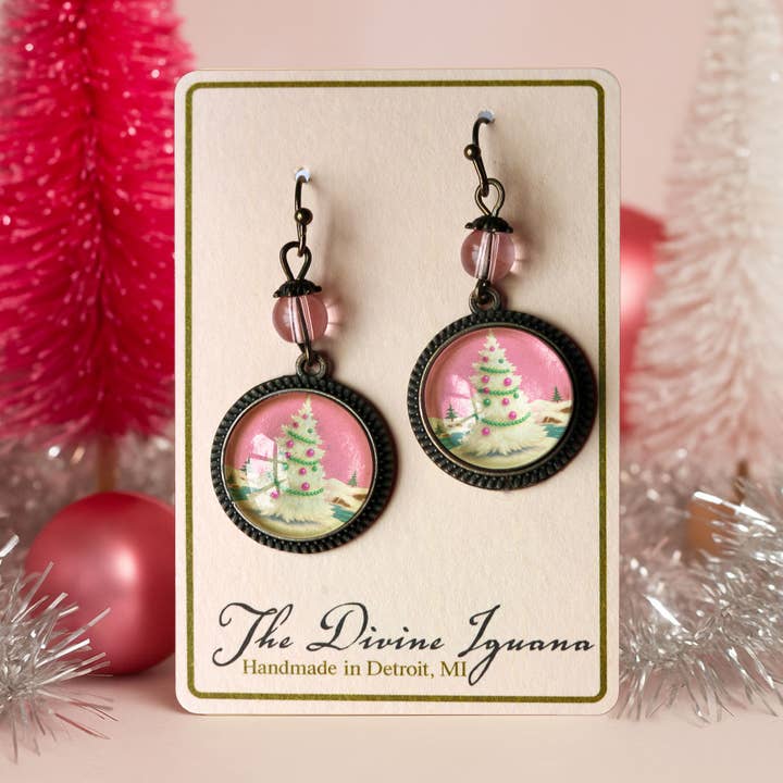 The Divine Iguana - Wholesale Dangle Earrings - Pink Christmas Tree Earrings 2