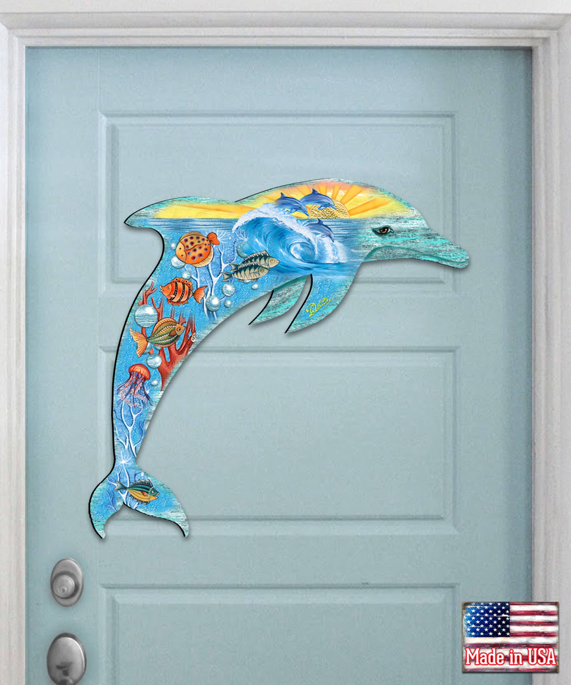 Designocracy - Wholesale Door Hanger - Sea Creatures Dolphin Wooden Door Hanger DeBrekht Coastal1