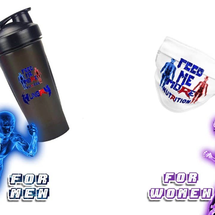Shaker Bottle and White Mask for wholesale by Feed Me More Nutrition
