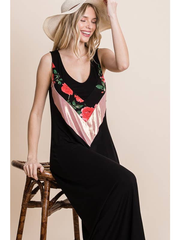 Emerald Collection - Wholesale Dress - Women's - ETD-811 Floral Shimmer Contrast Maxi Dress