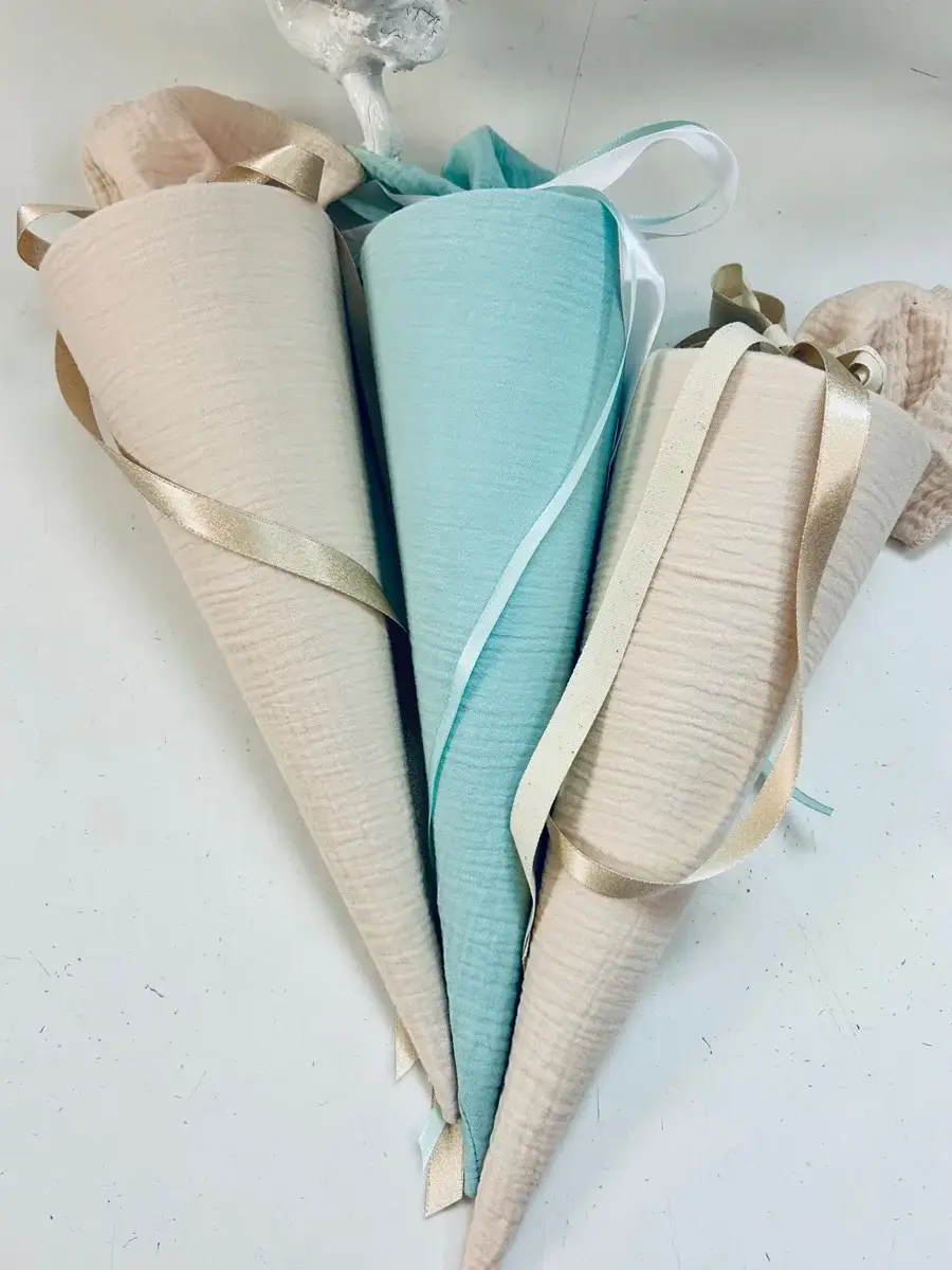 Küstenfieber® – Großhandel Partygeschenk – Musselin Schultüte Mint – Handmade – 35 cm / Ø 12 cm oder 701