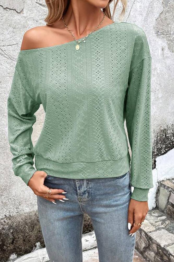 Wholesale Plain One Shoulder Jacquard Long Sleeves Top ZK198 Wholesale Plain One Shoulder Jacquard Long Sleeves Top ZK198