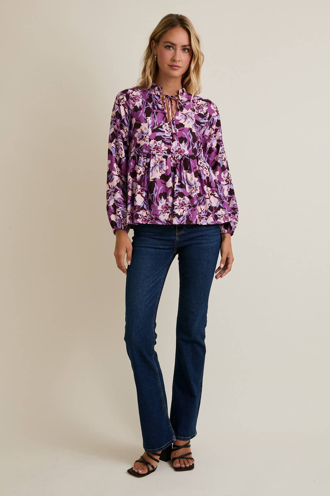 LAVENDER MULTI MOCK NECK FRONT TIE LONG SLEEVE TOP for wholesale on Faire4