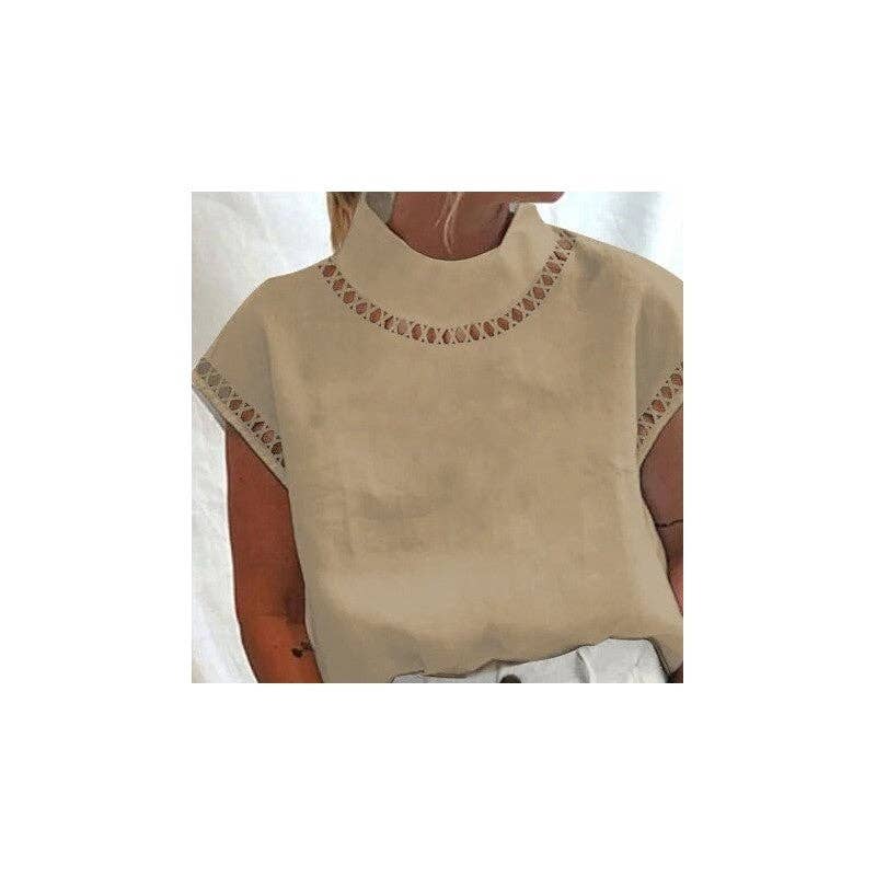 FurDecoration - Wholesale Blouse – Women’s - Solid Color Hollow-Out Casual High-Neck Breathable Shirt3