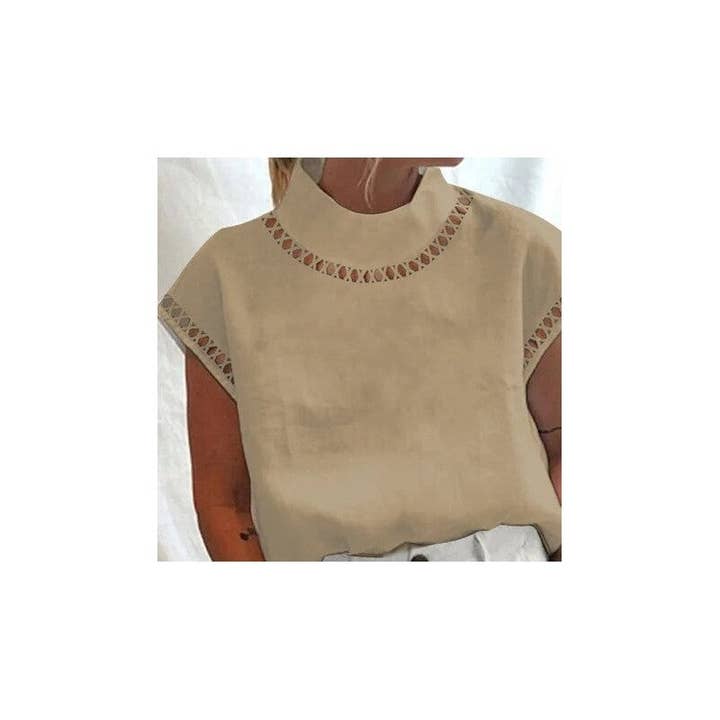 FurDecoration - Wholesale Blouse – Women’s - Solid Color Hollow-Out Casual High-Neck Breathable Shirt3